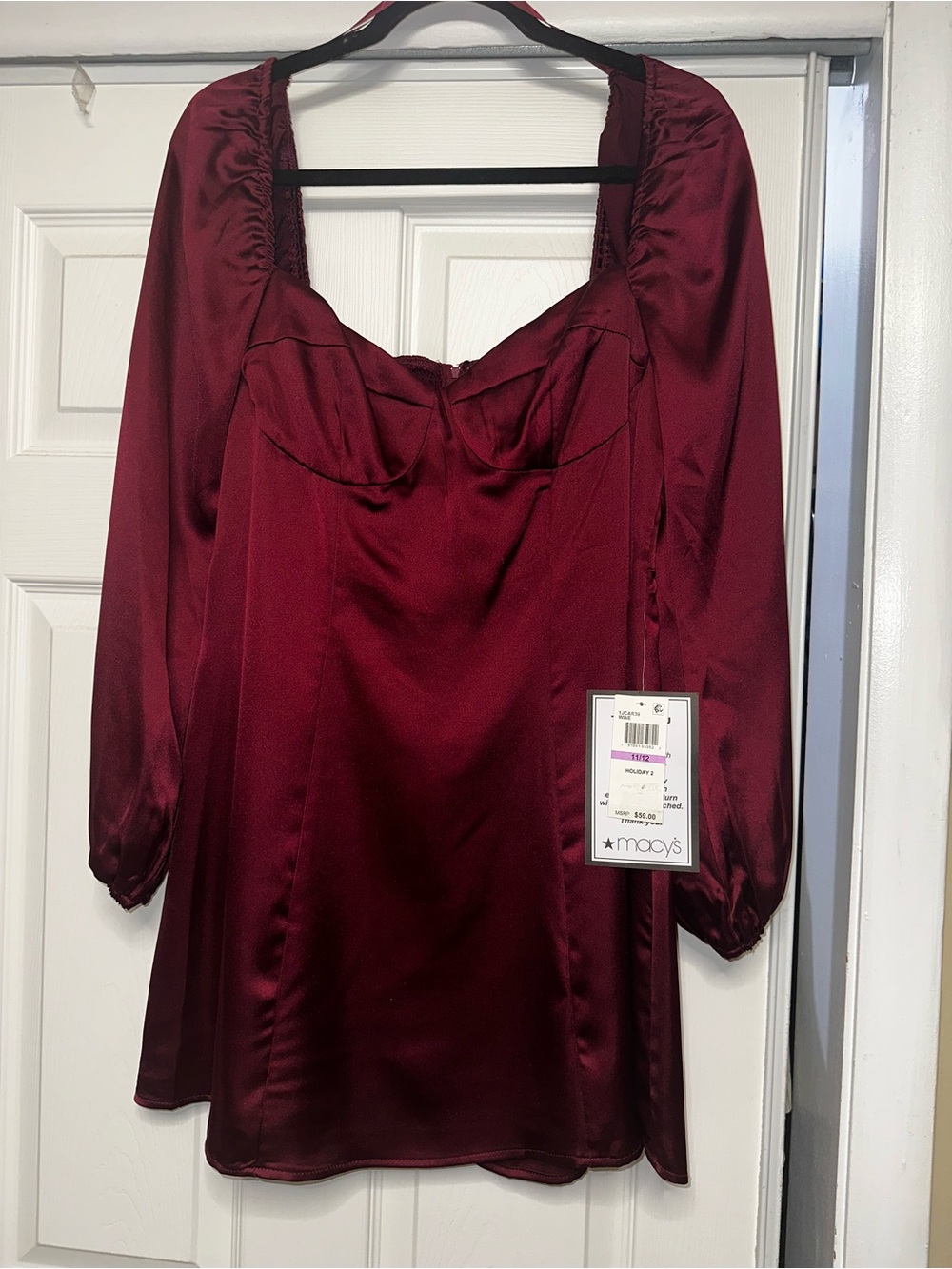 Macy's Wine Satin Long-Sleeve Sweetheart Neck Blouse